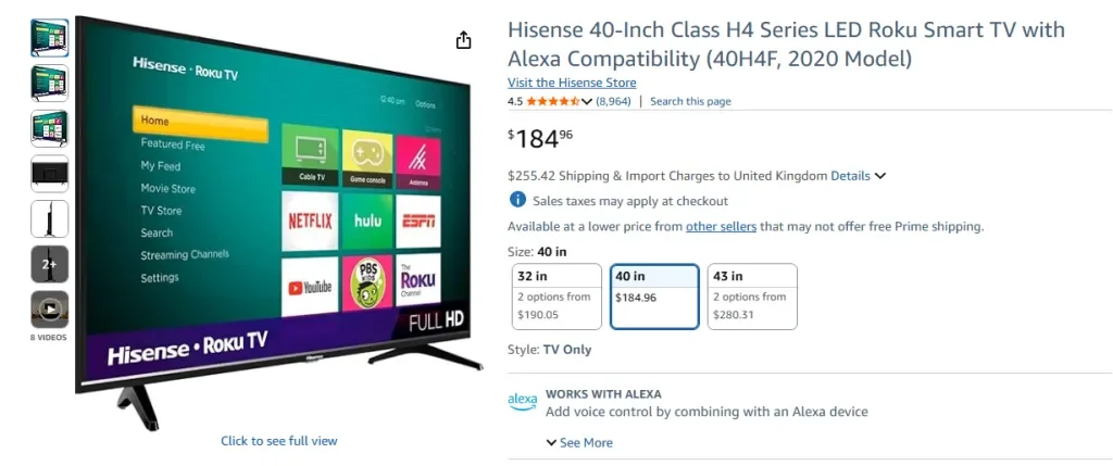 Smart TV LED Roku serie H40 de 4 pulgadas Hisense