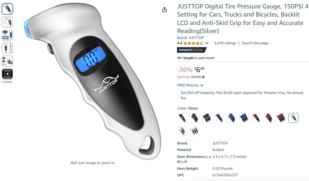 JUSTTOP Digital Tire Pressure Gauge, 150 PSI
