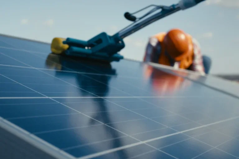 Mittlere Aufnahme von Technikern, die Solarmodule reinigen und warten