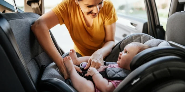 Mother putting baby girl in child seat in the car