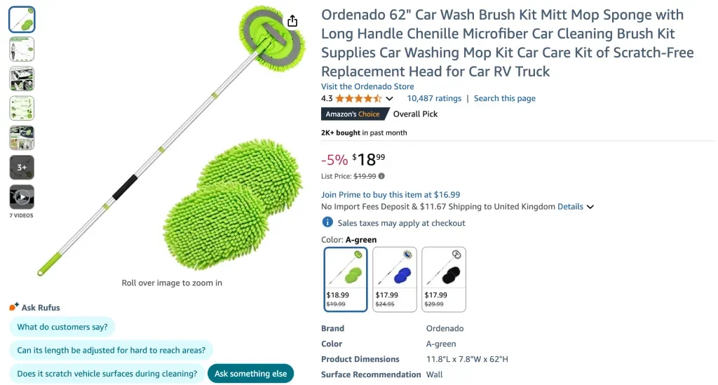 Kit Sikat Cuci Mobil Ordenado 62 dengan Sarung Tangan dan Pel