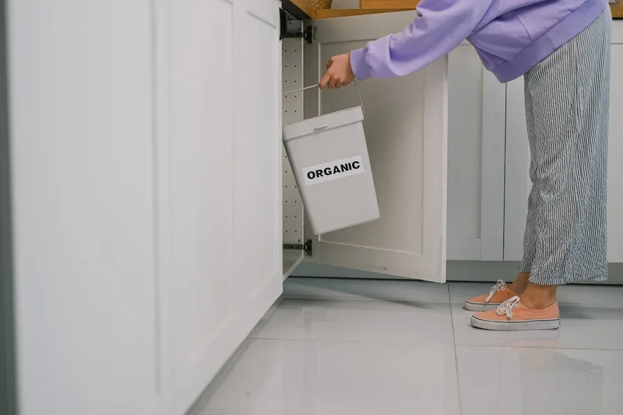 Person putting an organics bin under the sink