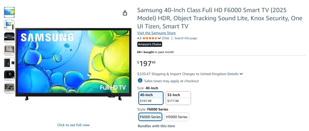 Televisor inteligente Samsung F6000 de 40 pulgadas Full HD