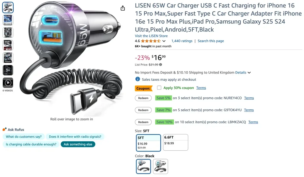 Screenshot des LISEN 65W Autoladegeräts (USB C Schnellladung für iPhone & Android)