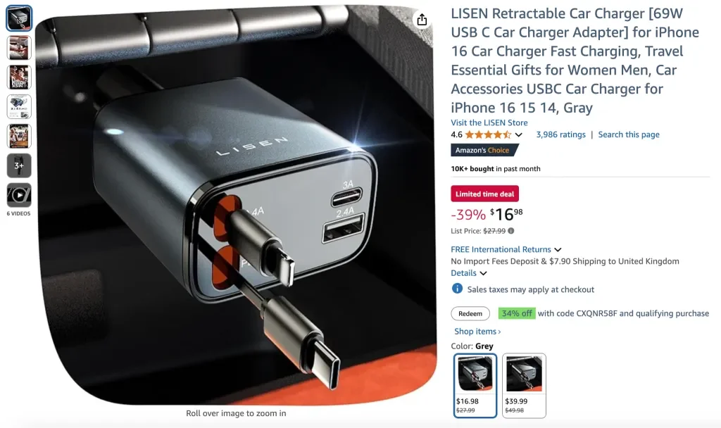 Screenshot des einziehbaren Autoladegeräts von LISEN (69 W USB-C-Autoladegerät)