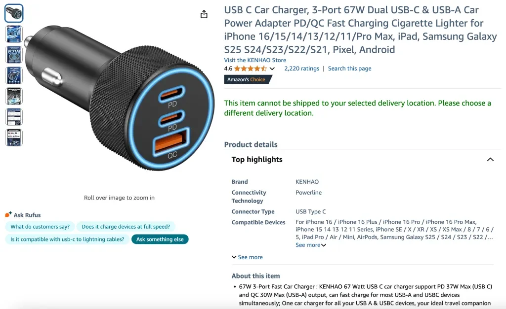 Screenshot des USB-C-Autoladegeräts (3-Port 67 W Dual USB-C & USB-A)