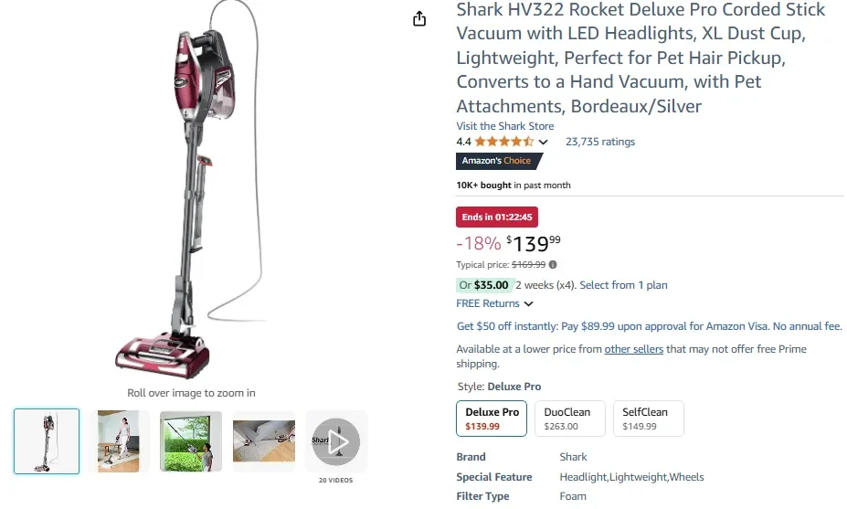 Aspirateur-balai filaire Shark HV322 Rocket Deluxe Pro