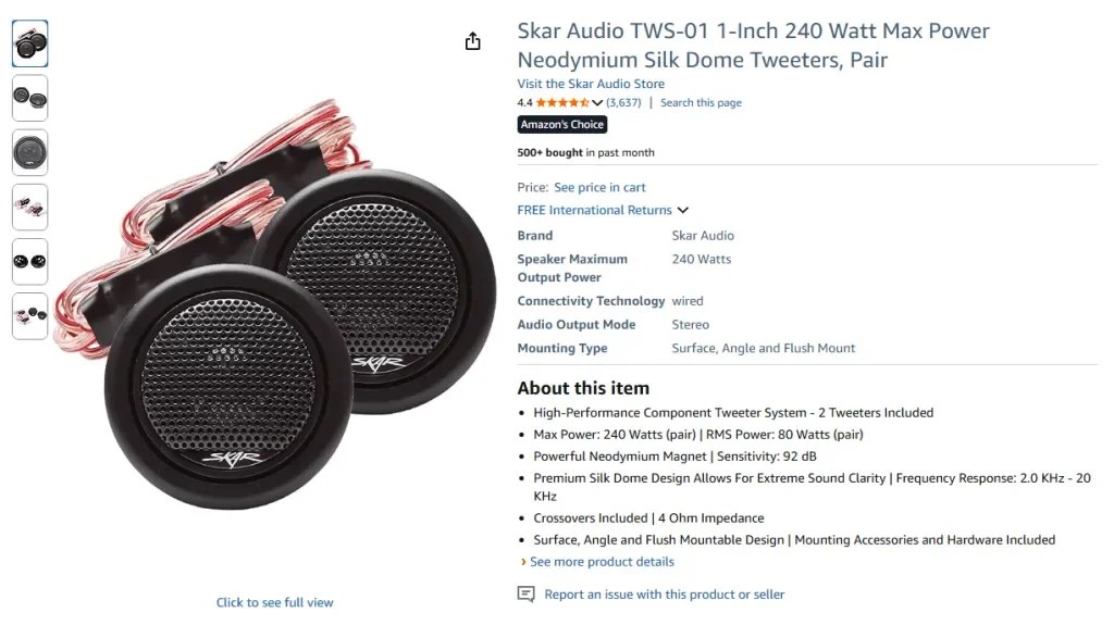 Tweeters de neodimio Skar Audio TWS-01 de 1 pulgada y 240 vatios de potencia máxima