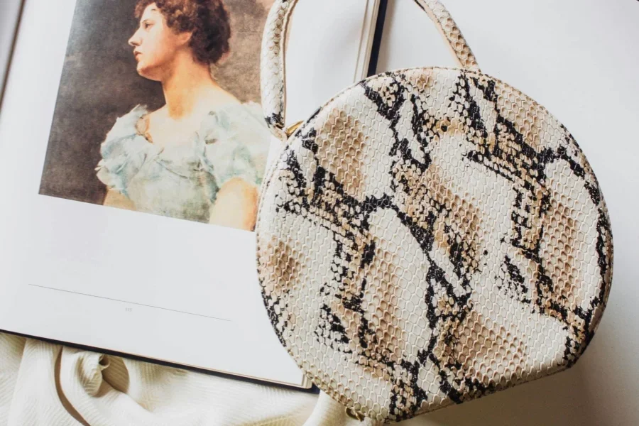 Schlangenlederhandtasche auf einem offenen Buch