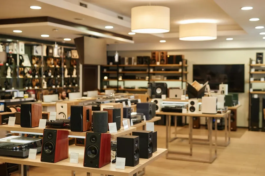 Speakers on display in store