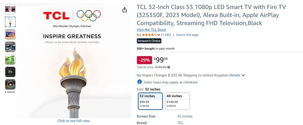 Televisor inteligente LED TCL Clase S3 de 32 pulgadas y 1080p con Fire TV