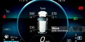 TPMS (Tyre Pressure Monitoring System) with temperature measurement monitoring display on car dashboard panel.