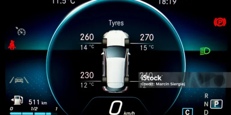 TPMS (Tyre Pressure Monitoring System) with temperature measurement monitoring display on car dashboard panel.