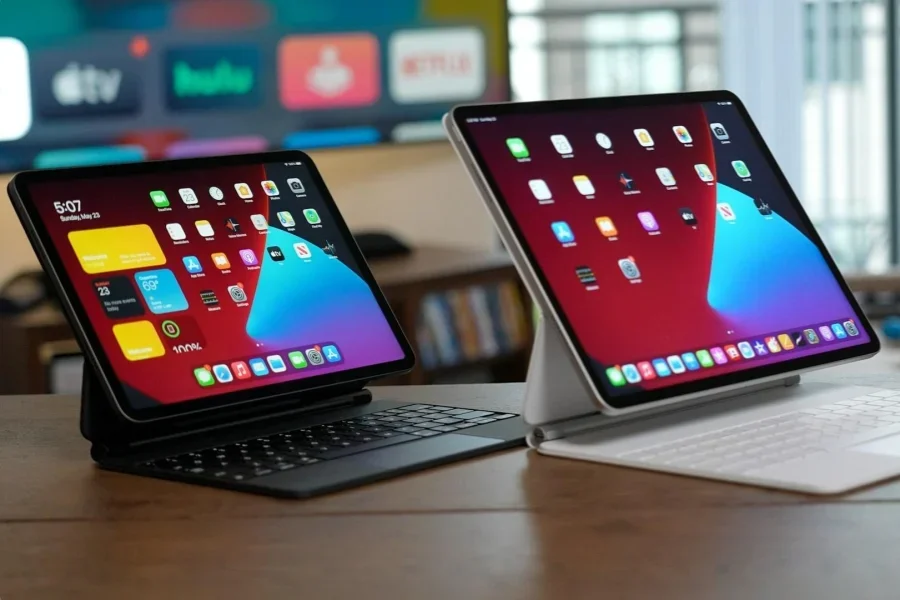 Two tablets with keyboards sitting side by side
