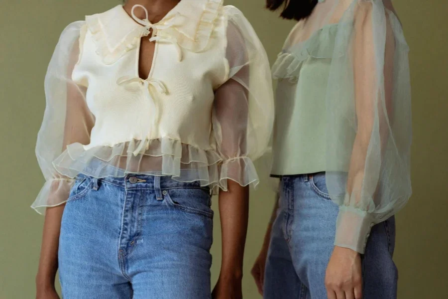 Women Wearing Chiffon Crop Top and Blue Denim Jeans