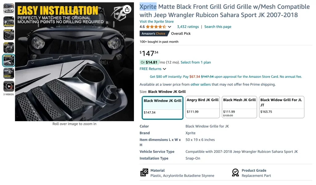 Xprite Mattschwarzer Frontgrill mit Gitter