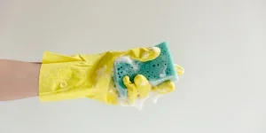 Yellow Glove And Blue Sudsy Sponge