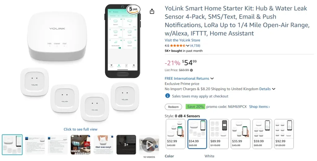 YoLink Smart Home Starter Kit Hub & Wasserlecksensor 4er-Pack