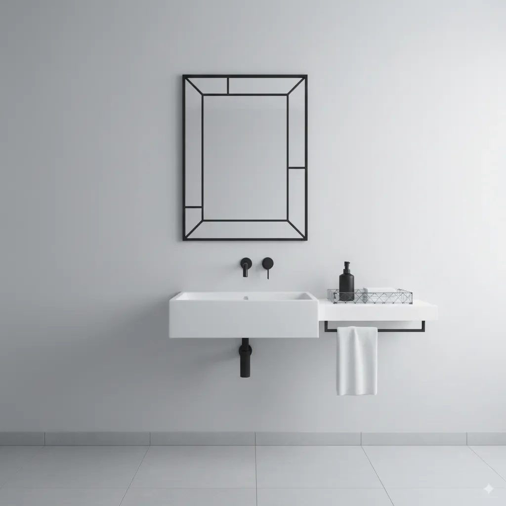 a modern, minimalist bathroom. The walls are a cool, pale gray. The space features a sleek, metal-framed mirror above the sink with a subtle, angular grid pattern. The towel rack and faucet are made of matte black metal, reinforcing the IndustrialDesign aesthetic.