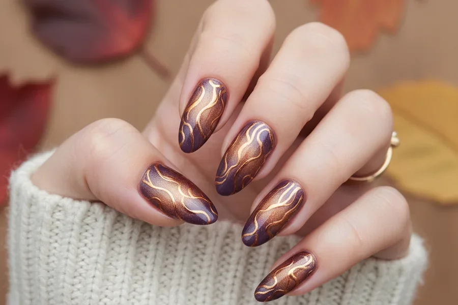 Primer plano de uñas ombré abstractas en tonos ciruela a dorado con patrones orgánicos en una mano.