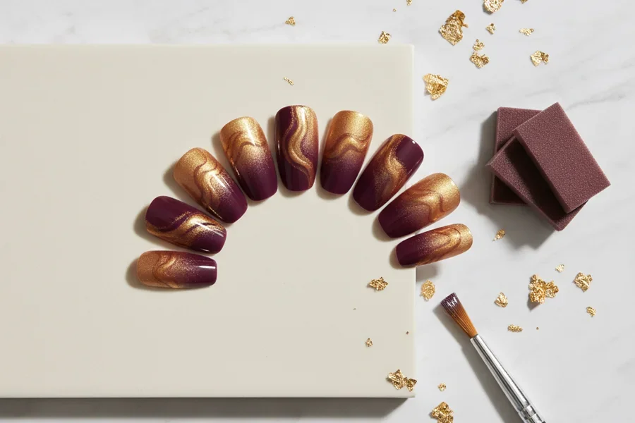 Vista aérea de uñas postizas con remolinos abstractos y degradado de ciruela a dorado.