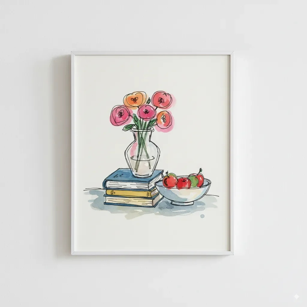 A framed art print with a hand-drawn, painterly still-life study. This piece is an example of the Arty Impressions trend, showcasing a unique artist spotlight style. 