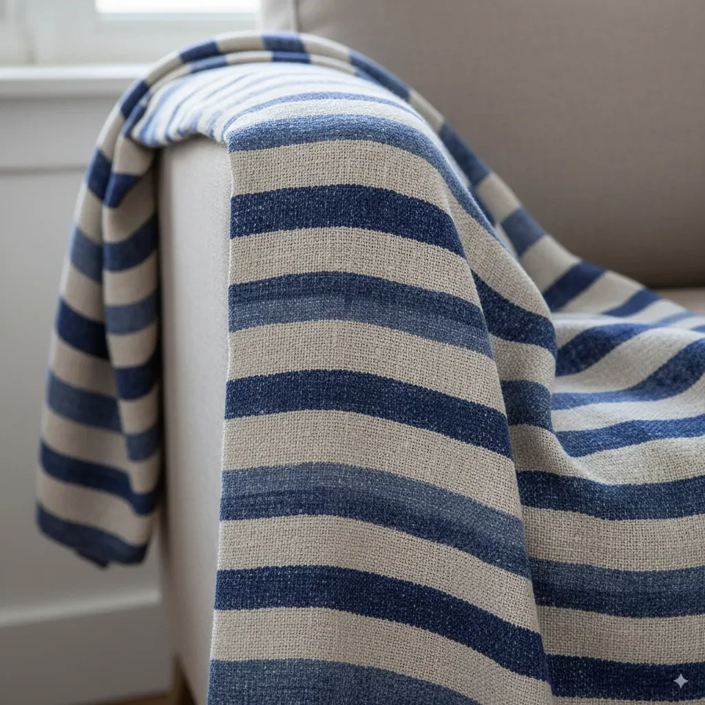 A linen throw blanket featuring inky and painterly stripes. This textile embodies the Arty Impressions trend with its expressive prints and handmade aesthetic. 