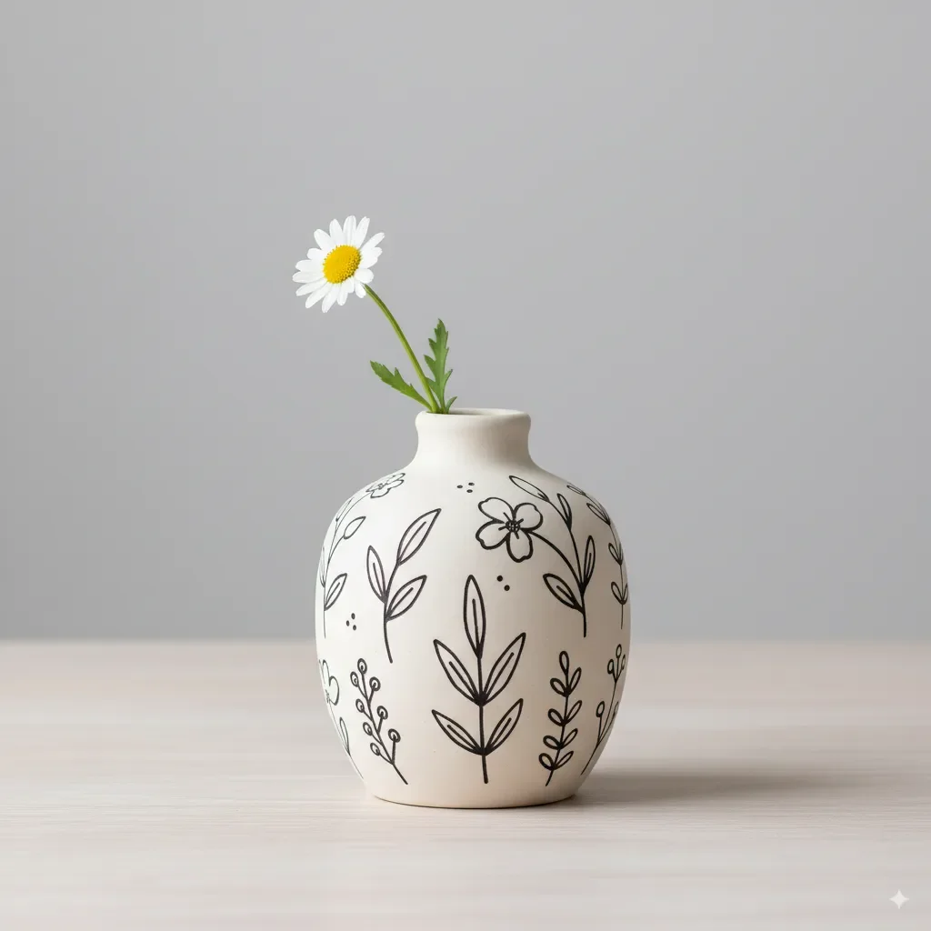 A ceramic vase with hand-drawn, naive floral doodles. This piece embodies the Arty Impressions trend and its HospitalityAtHome aesthetic.