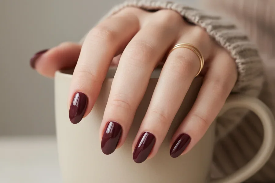 Primer plano de uñas naturales cortas con micro puntas francesas ultrafinas de color burdeos apoyadas sobre una taza.