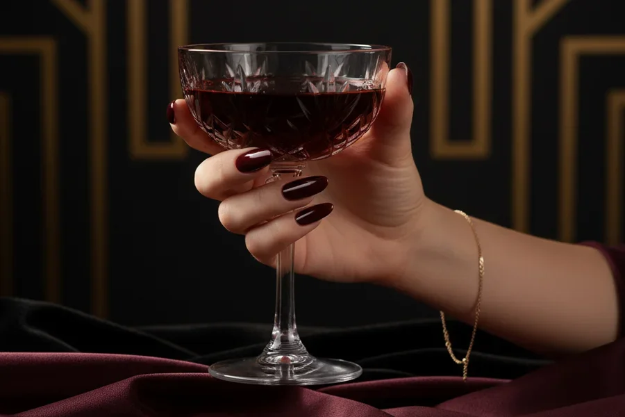Mano elegante con uñas color burdeos sosteniendo una copa de cristal con vino tinto sobre terciopelo.