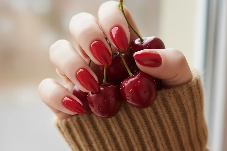 Primer plano de una mano con uñas de color rojo cereza brillante que sostiene cerezas frescas sobre un suéter de cachemira.