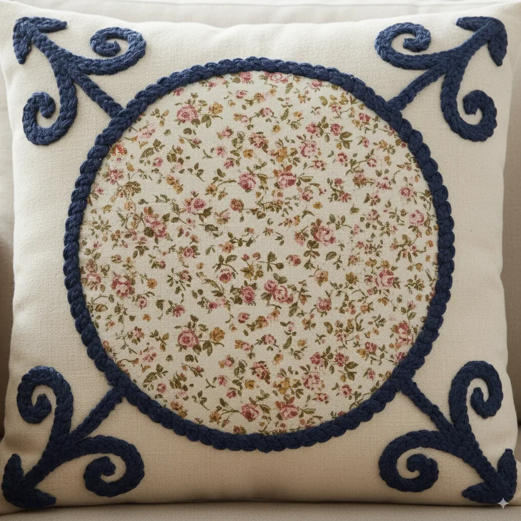A close-up of a cushion with appliqué and crewel work embroidery. This crafted detail highlights the artisanal quality and local artisans involved in the collage compositions trend. 