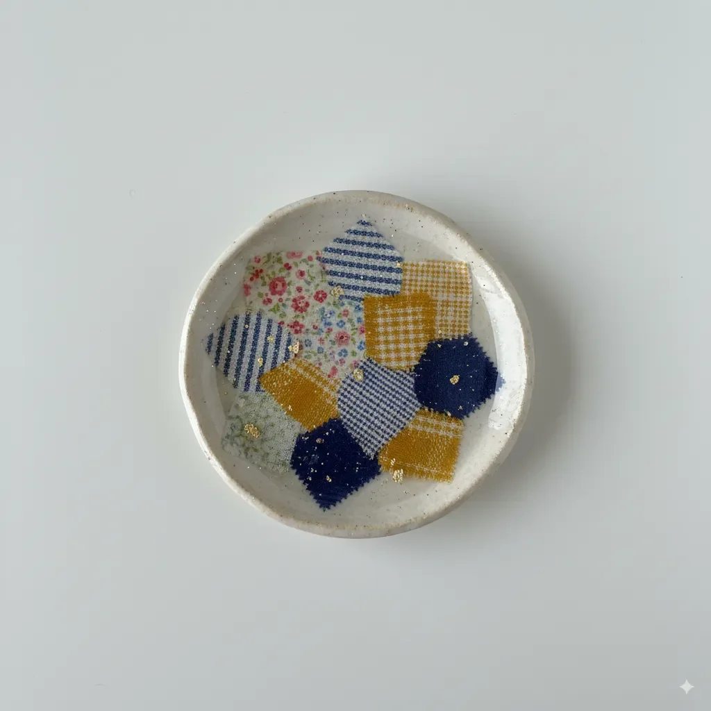 A decorative plate with a cut-and-collage design. This unique piece tells a crafted story through its ethical creation, perfect for glimmer gifting.