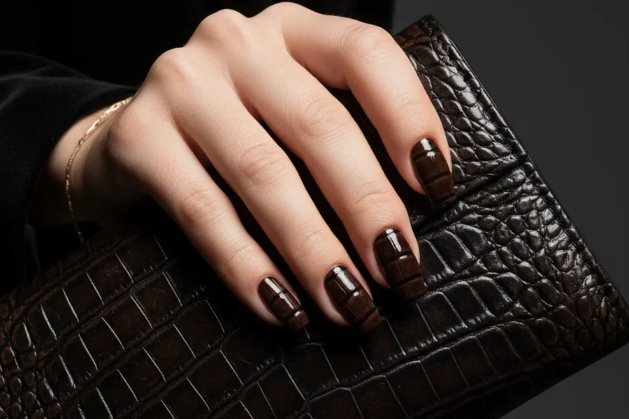 Uñas de gel con estampado de cocodrilo en color marrón oscuro y negro con un acabado de alto brillo que sostienen un clutch a juego.
