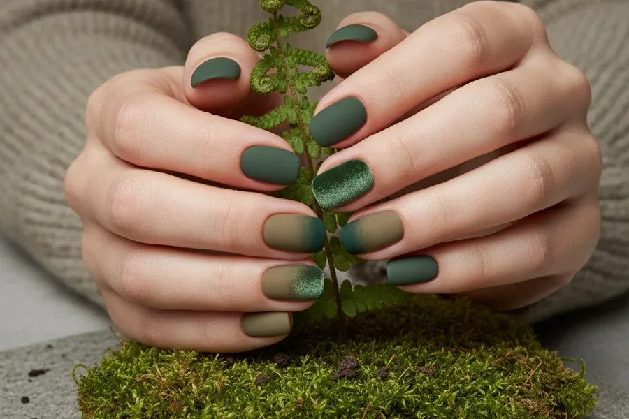 Manicura verde oliva terroso y bosque con acabados mate y aterciopelados acunados por un helecho.