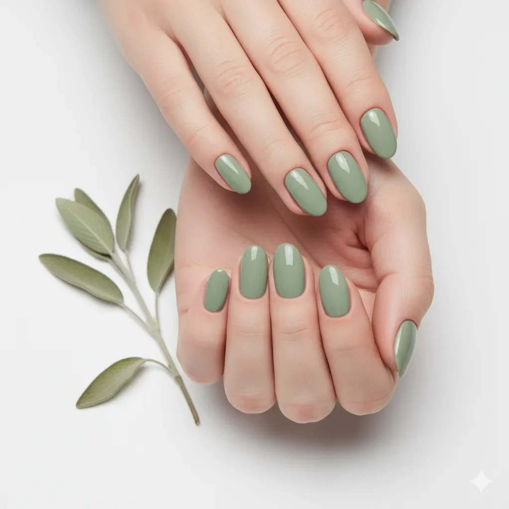 Elegante salbeigrüne Nägel mit cremigem Finish auf minimalistischem weißen Hintergrund