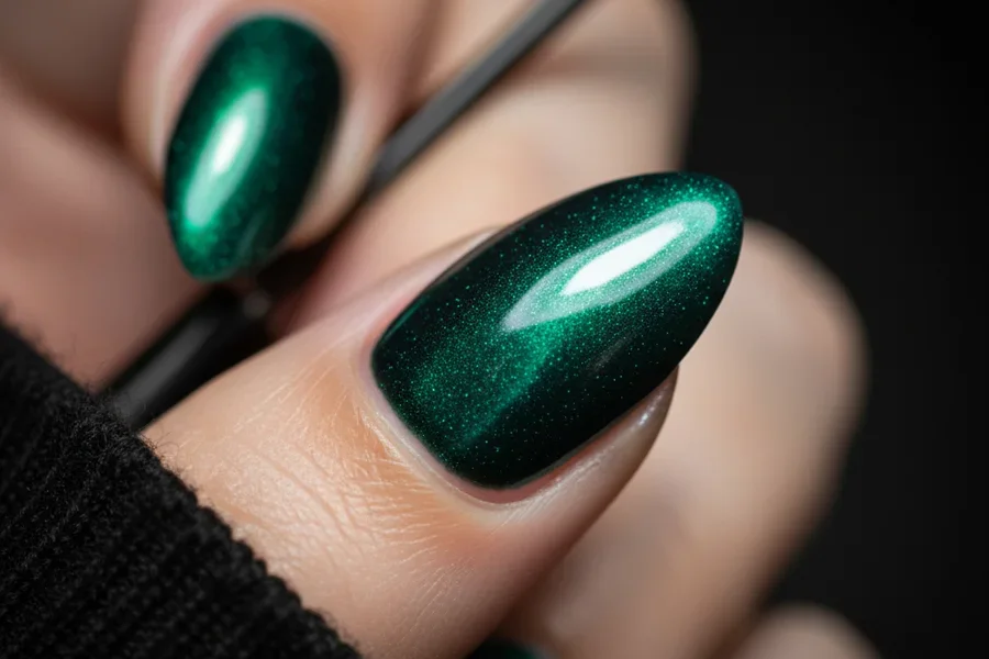 Primer plano de una uña en forma de almendra con un efecto de ojo de gato magnético de color esmeralda profundo.