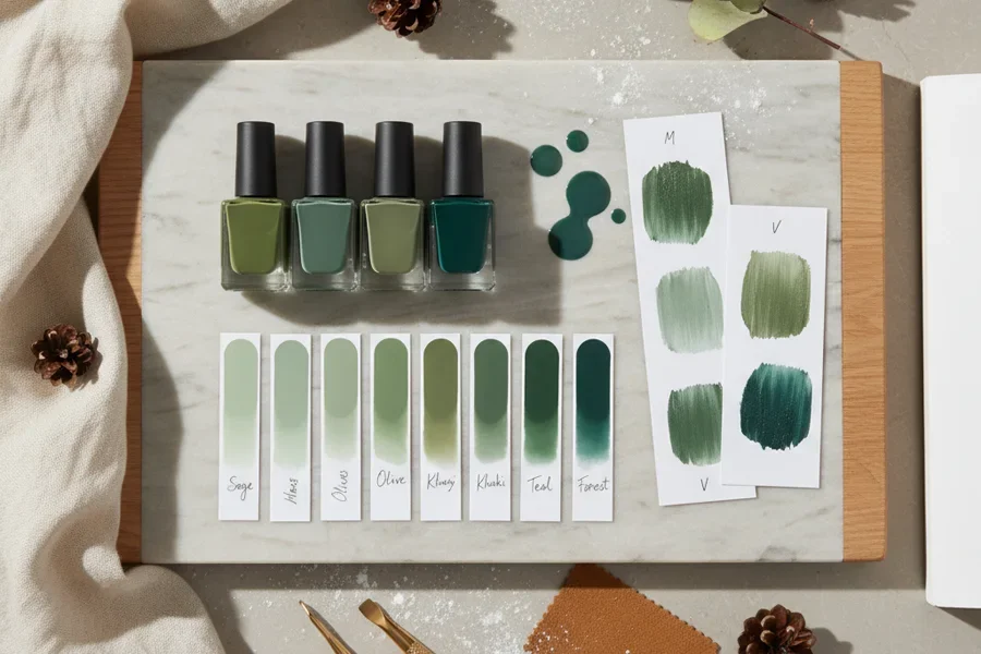Imagen aérea de esmaltes de uñas mate verde oliva, caqui, verde azulado y verde bosque con muestras.