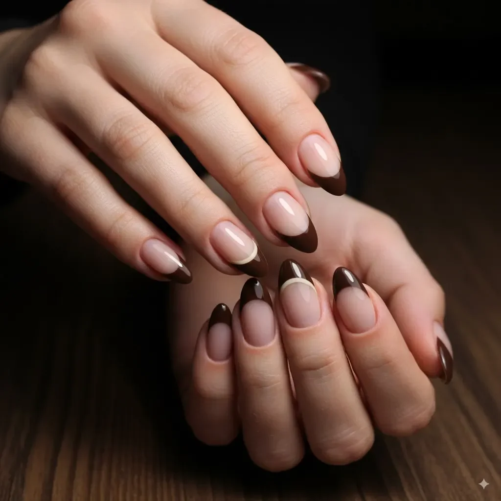 French Manicure mit braunen Spitzen und mokkafarbenen Akzentlinien