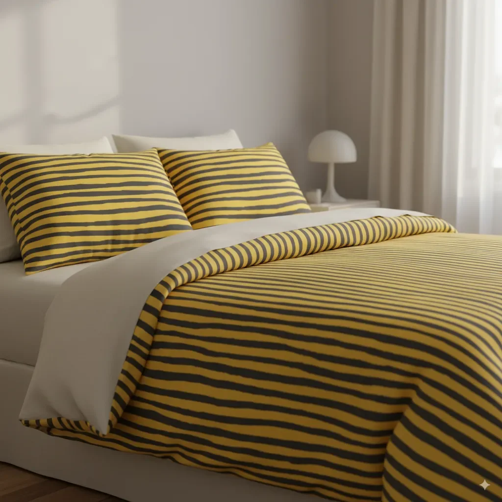  A modern bed with statement bedding featuring elevated utility stripes. The pattern uses maximalist brights and bold minimalism for a playful yet sophisticated look. 