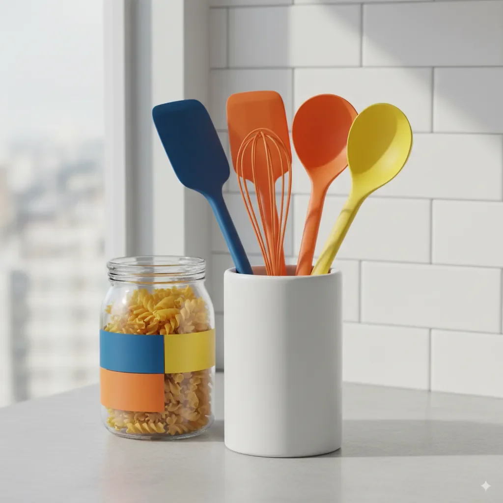 A minimalist kitchen with elevated utility items. The scene shows utensils and storage with a colourblocking design in maximalist brights, bringing fun to mundane homewares. 
