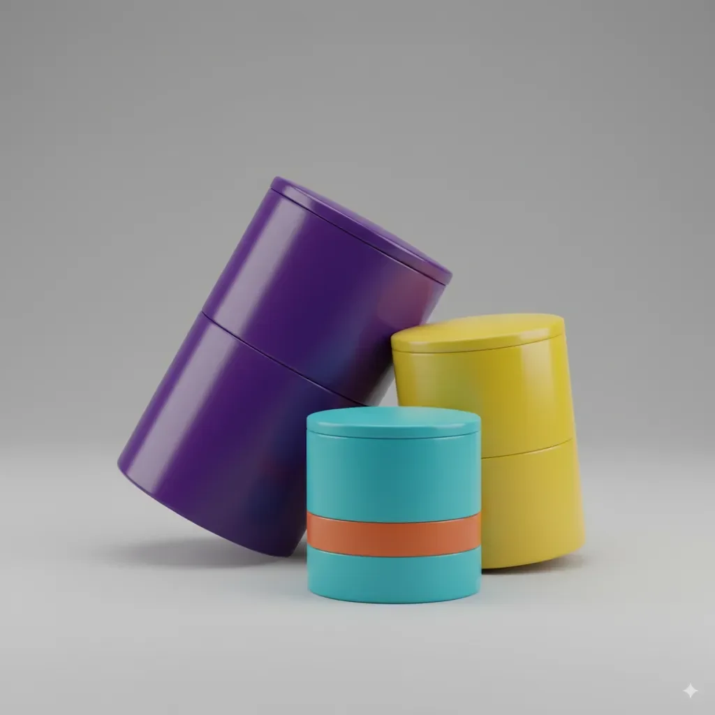 A set of elevated utility storage canisters in bold minimalism. The colourblocking and playful placement of these items bring a statement look to simple organization.