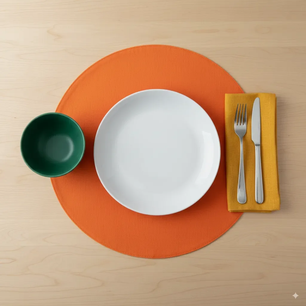 A playful tabletop setting with elevated utility homewares. The scene uses colourblocking and bold contrasts to create a visually striking design for a modern meal. 