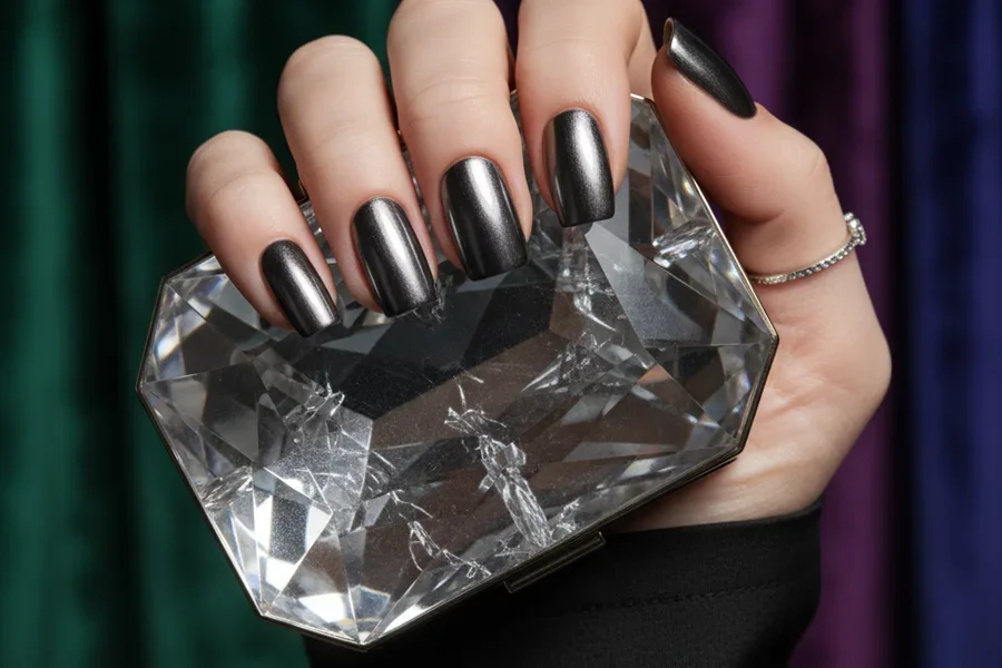 Mano con uñas cromadas y espejo plateado metalizado que sostiene un bolso de noche de cristal.