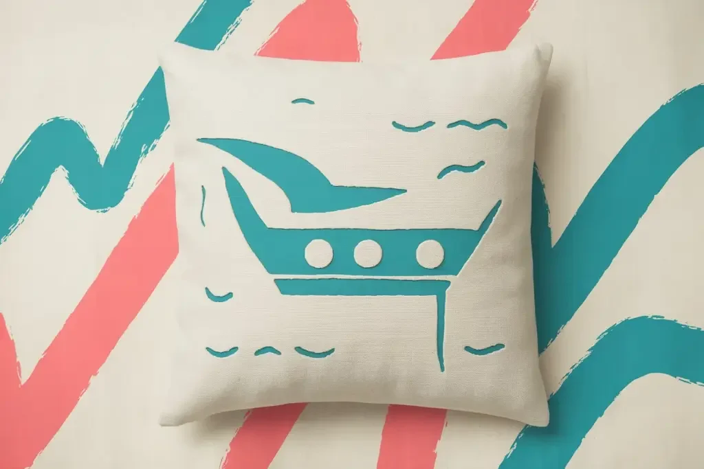 Alt text: A throw cushion with a nautical pop-art design featuring a stylized boat and wiggly lines. This accessory embodies the relaxed, vacation-inspired Harbour Lines trend.