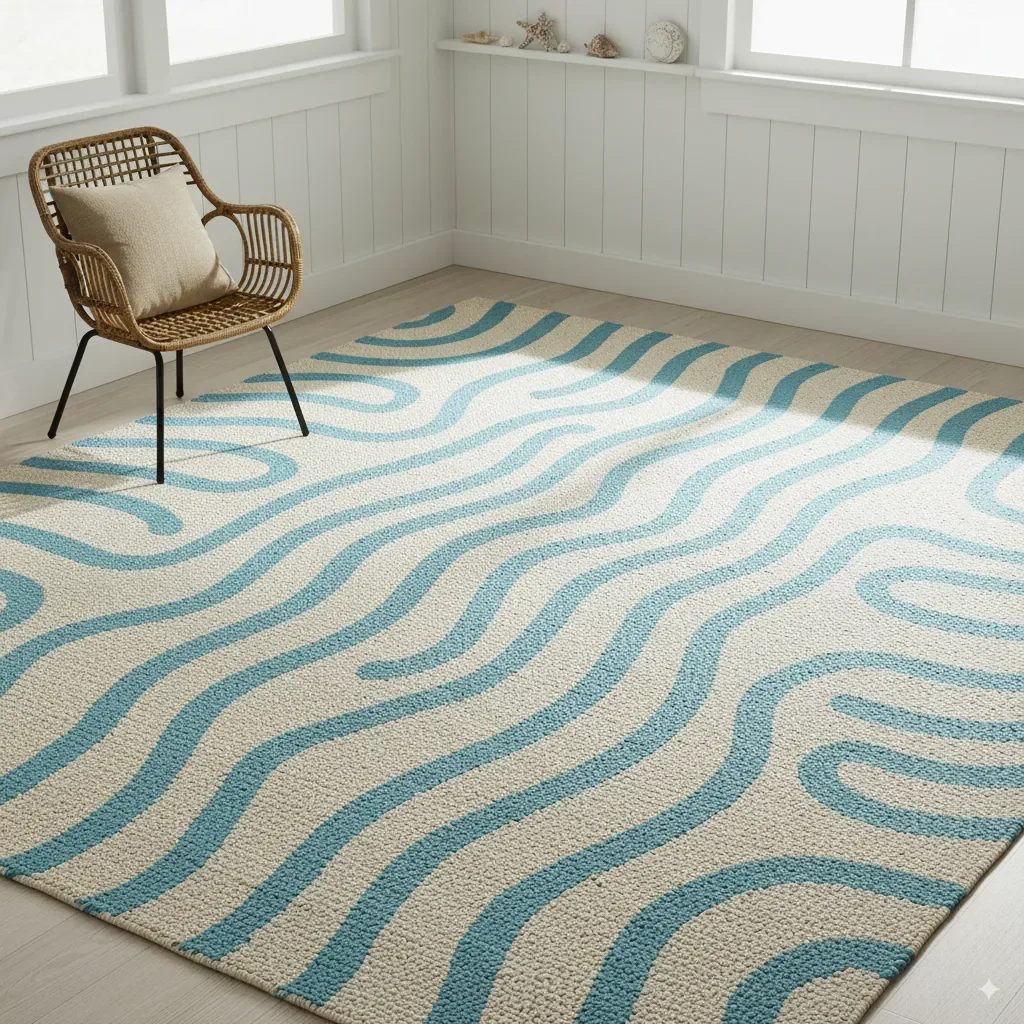 A living room featuring a large-scale floor pattern of wiggly lines, creating a carefree scenic and nautical atmosphere. The design is inspired by the Harbour Lines trend.