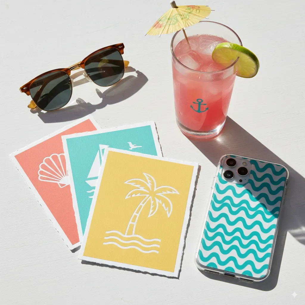 A flat-lay showing everyday items with Harbour Lines motifs. Features a phone case with wiggly lines and greeting cards with stencil-cutout key icons, perfect for a vacation feel.