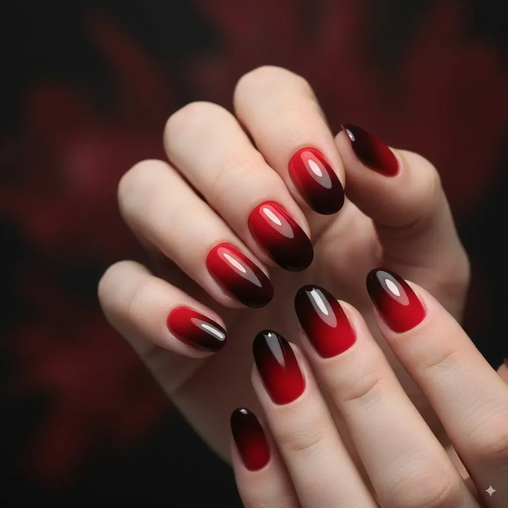 Hochglänzende Ombre-Nägel mit Übergang von leuchtendem Rot zu tiefem Burgunderrot