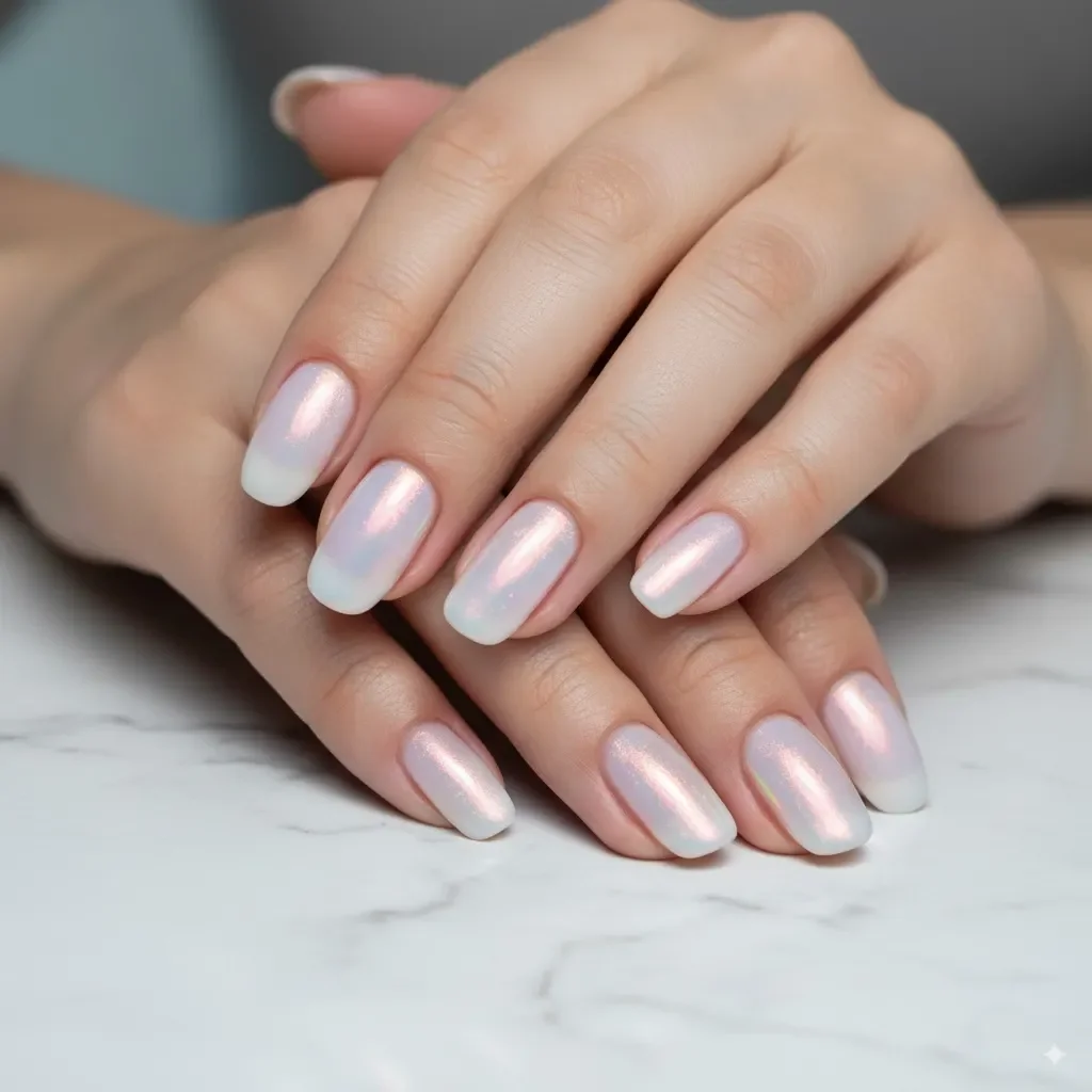 Schillernder Nagellack, der von Pastellrosa zu Gold changiert, gestylt auf Milchglas