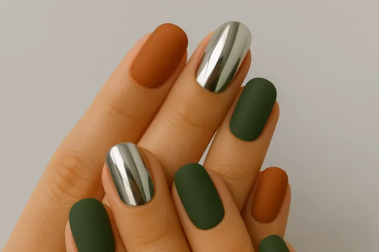 Vier Nägel werden in einem klassischen, matten Herbstton lackiert (z. B. Waldgrün, gebranntes Orange oder dunkles Pflaumengrün).